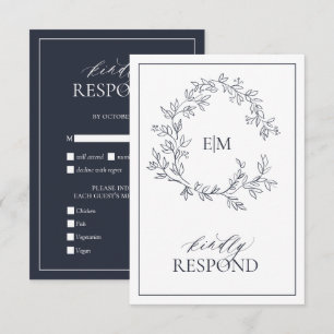Tarjeta RSVP de Boda de Monograma Azul de Marina