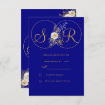 Tarjeta RSVP de Boda de Monograma de Oro Azul de M