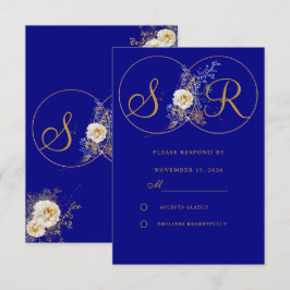Tarjeta RSVP de Boda de Monograma de Oro Azul de M