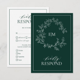 Tarjeta RSVP de boda de monograma verde esmeralda