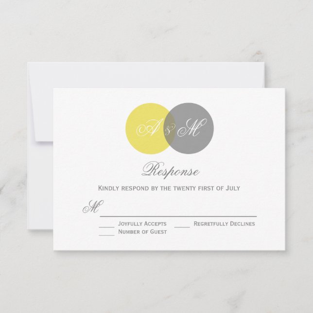 Tarjeta RSVP de Boda de Monogramas Gris y Amarillo (Anverso)