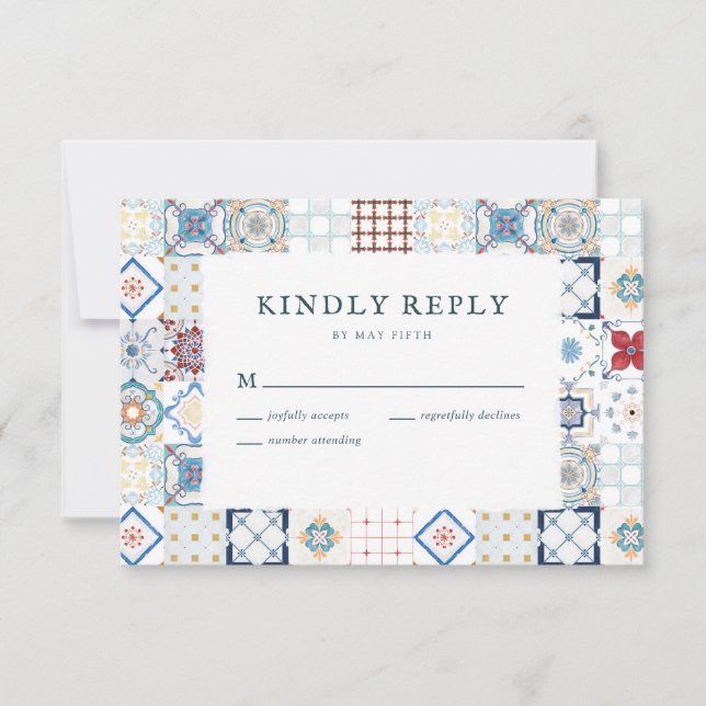 Tarjeta RSVP de boda de mosaico en español (Anverso)