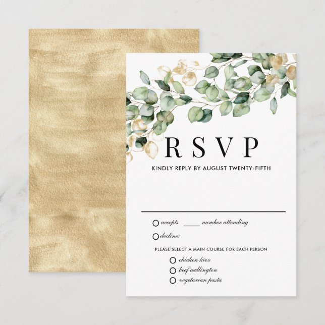 Tarjeta RSVP de Boda de Oro Eucalyptus, Opciones d (Anverso / Reverso)