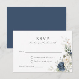 Tarjeta RSVP de Boda de Oro Floral Navy Blue Green