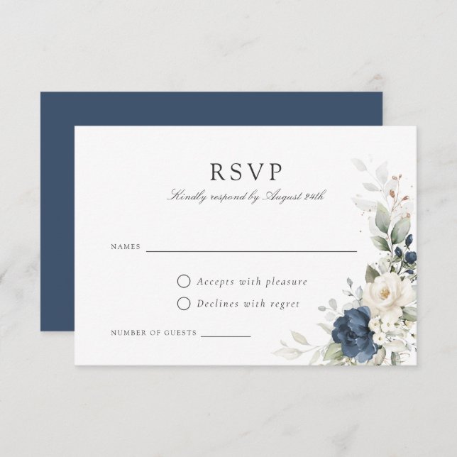 Tarjeta RSVP de Boda de Oro Floral Navy Blue Green (Anverso / Reverso)