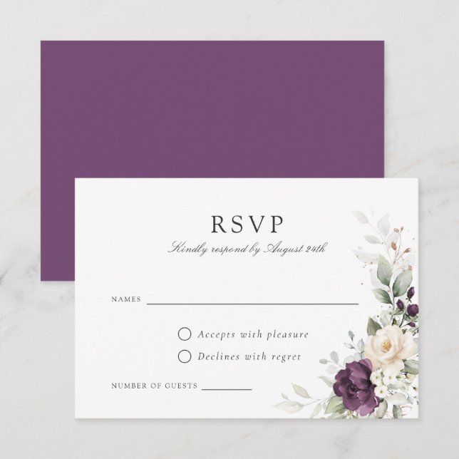 Tarjeta RSVP de Boda de Oro Floral Purple Greenery (Anverso / Reverso)