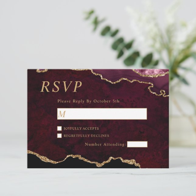 Tarjeta RSVP de Boda de Oro Negra y Borgoña (Anverso de pie)