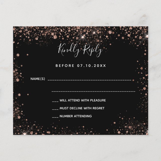 Tarjeta RSVP de boda de oro para rosa negro (Anverso)