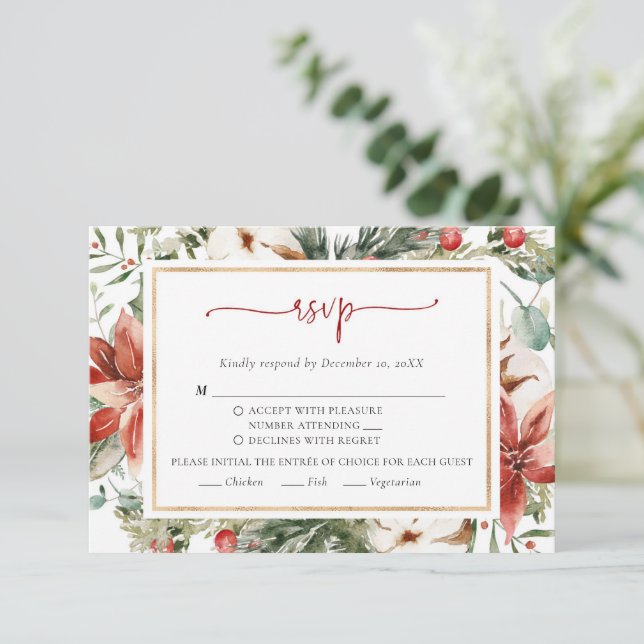 Tarjeta RSVP de Boda de Oro Verde Rojo de Invierno (Anverso de pie)