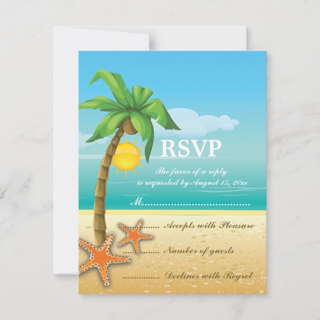 Tarjeta RSVP de boda de palma y playa de pez estre (Anverso)