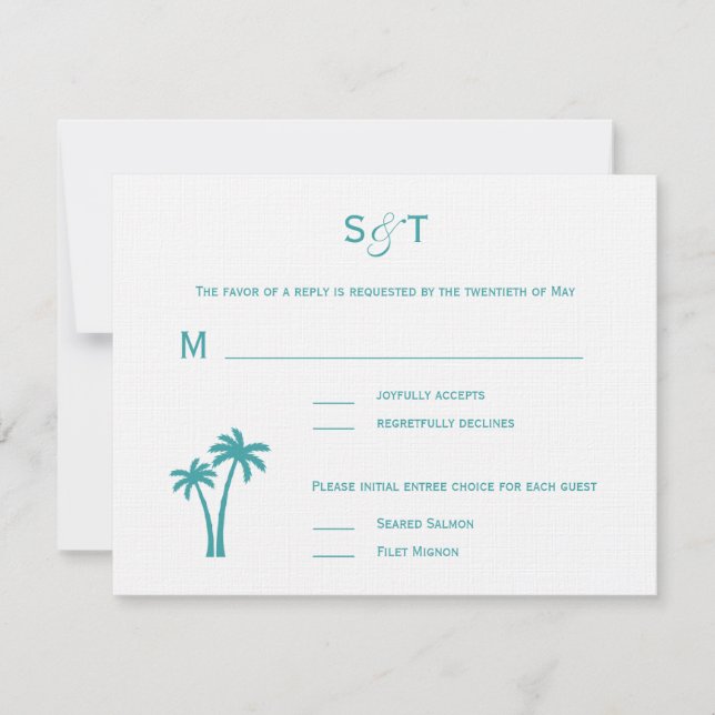 Tarjeta RSVP de Boda de Palmeras - Blanco/Aqua (Anverso)
