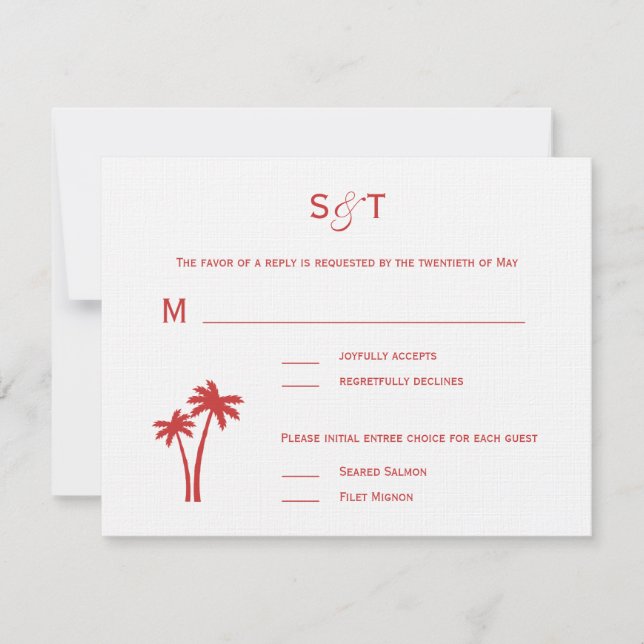 Tarjeta RSVP de Boda de Palmeras - Blanco/Rojo (Anverso)