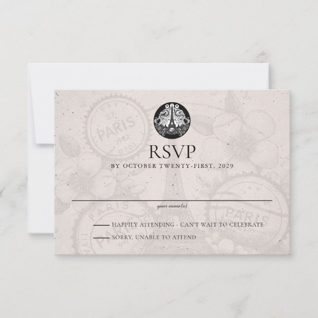 Tarjeta RSVP de boda de Paris Passport (Anverso)