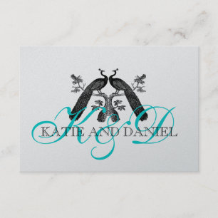 Tarjeta RSVP de boda de pavo real Aqua de plata