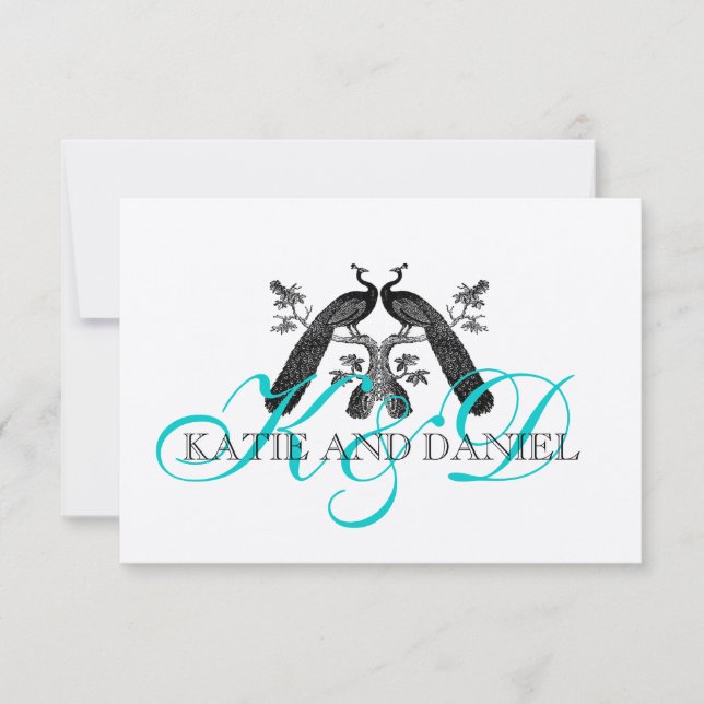 Tarjeta RSVP de boda de pavo real Aqua de plata (Anverso)