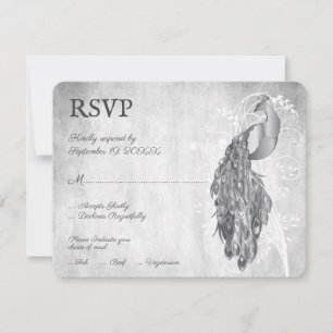 Tarjeta RSVP de boda de pavo real de plata