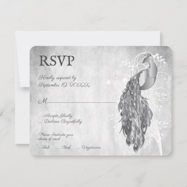 Tarjeta RSVP de boda de pavo real de plata (Anverso)