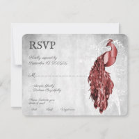 Tarjeta RSVP de boda de pavo real rojo