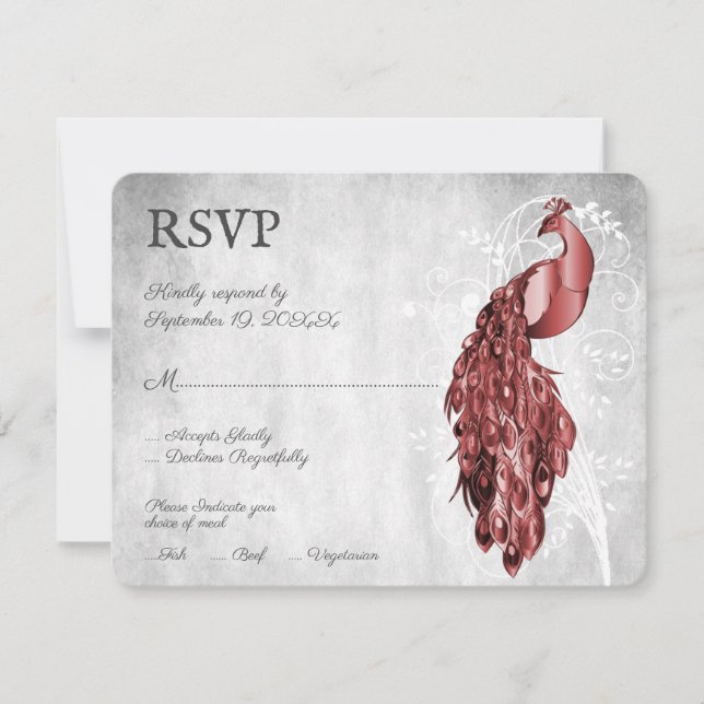Tarjeta RSVP de boda de pavo real rojo (Anverso)