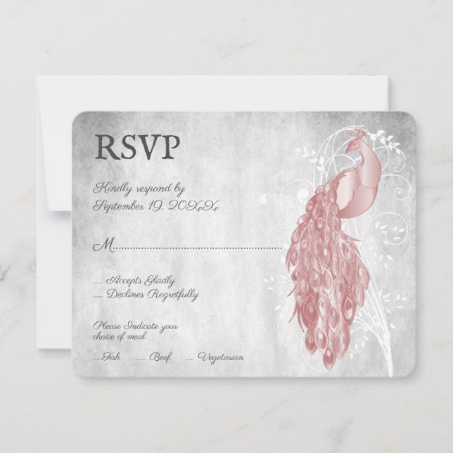 Tarjeta RSVP de boda de pavo real rosa (Anverso)