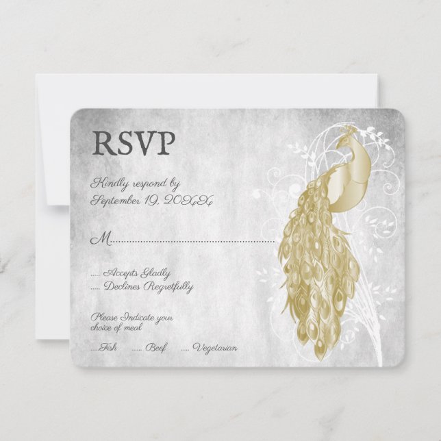 Tarjeta RSVP de Boda de Peacock de Oro (Anverso)