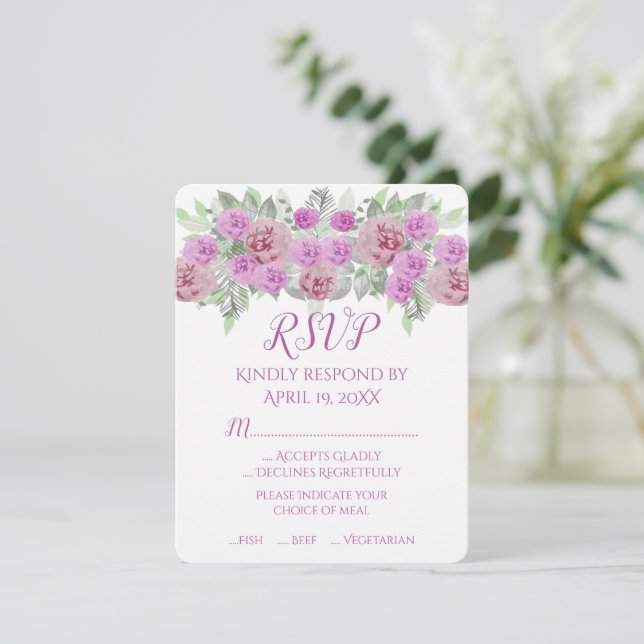 Tarjeta RSVP de Boda de Pink Peony Green (Anverso de pie)