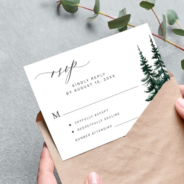 Tarjeta RSVP de boda de pinos modernos y rústicos (Subido por el creador)