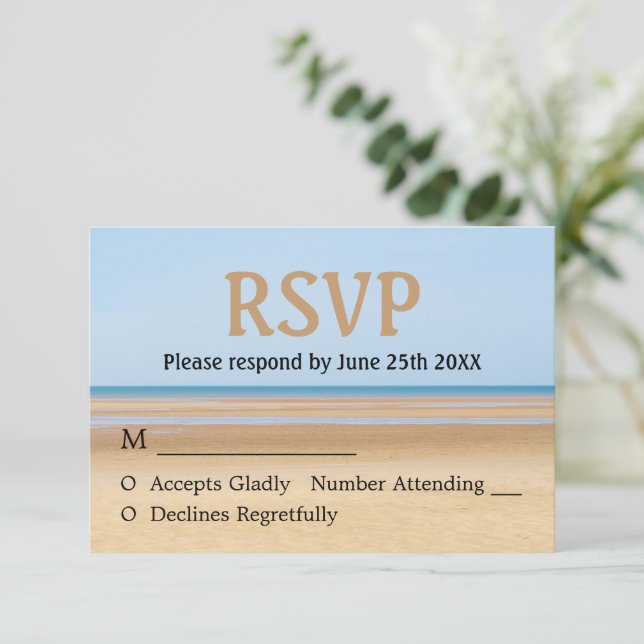 Tarjeta RSVP de boda de playa (Anverso de pie)