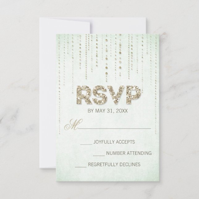 Tarjeta RSVP de Boda de Purpurina de Moneda y Oro (Anverso)