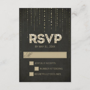 Tarjeta RSVP de Boda de Purpurina Negro y Oro