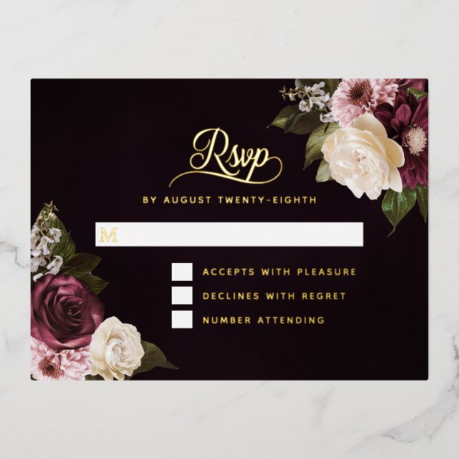 Tarjeta RSVP de boda de Relieve metalizado dorado  (Anverso)