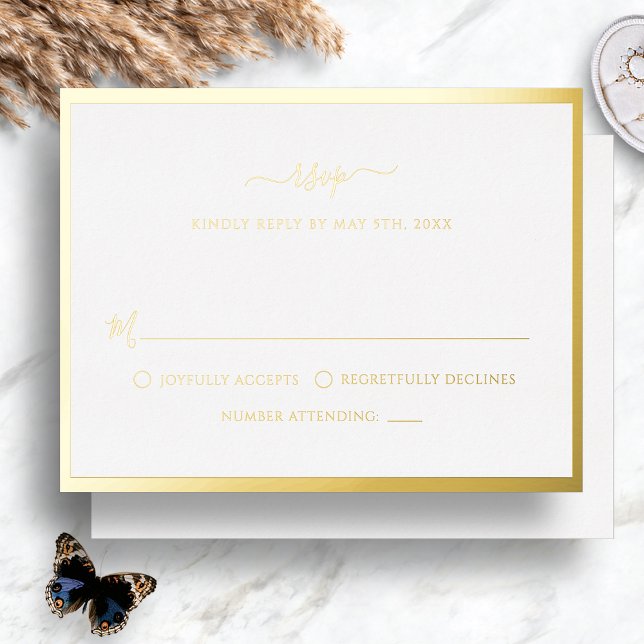 Tarjeta RSVP de boda de Relieve metalizado dorado (Elegant Simple Gold Border Foil Wedding RSVP Card by Painted Paperie
)