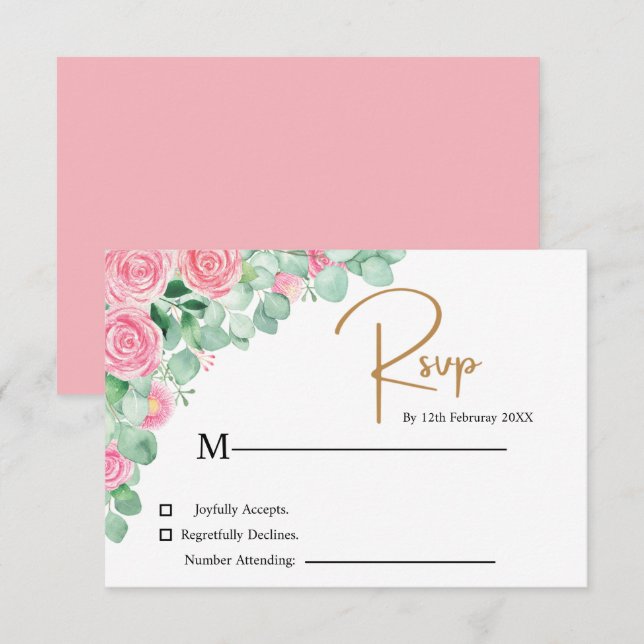 Tarjeta RSVP de Boda de rosas y Eucalyptus (Anverso / Reverso)