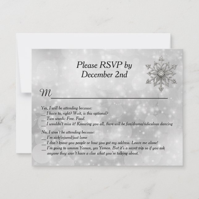 Tarjeta RSVP de Boda de Snowflake de invierno dive (Anverso)