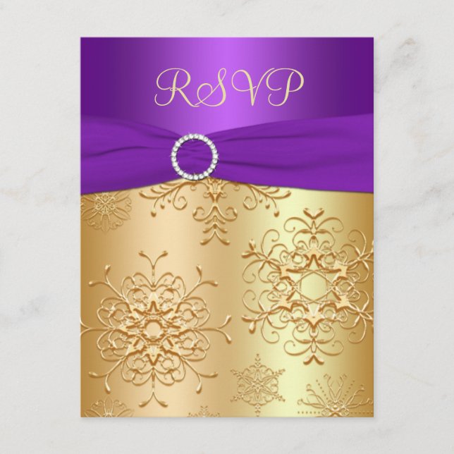 Tarjeta RSVP de Boda de Snowflakes con Morado y Or (Anverso)