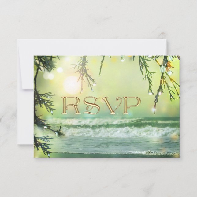 Tarjeta RSVP de Boda de Sparkling Lights Beach (Anverso)
