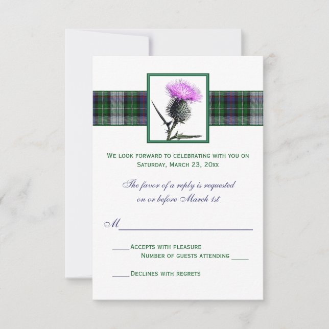 Tarjeta RSVP de Boda de Tistle Verde Púrpura (Anverso)