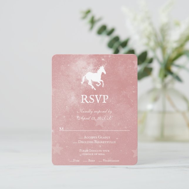 Tarjeta RSVP de boda de unicornio rosa (Anverso de pie)
