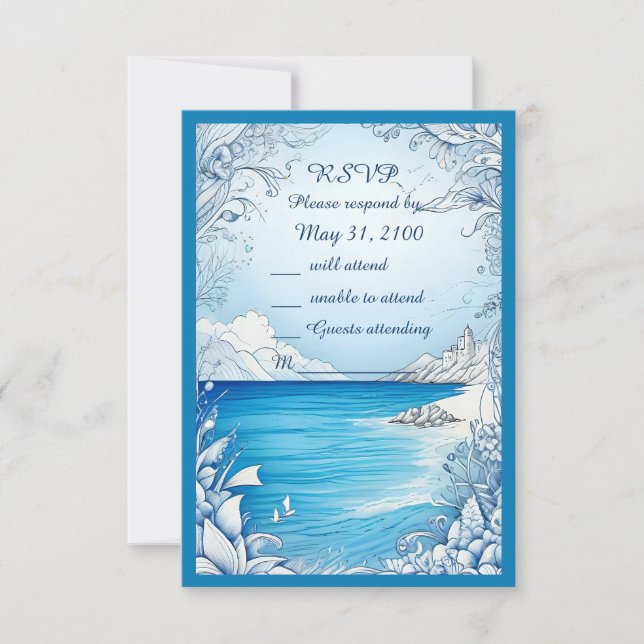 tarjeta rsvp de boda de vibe costera azul (Anverso)