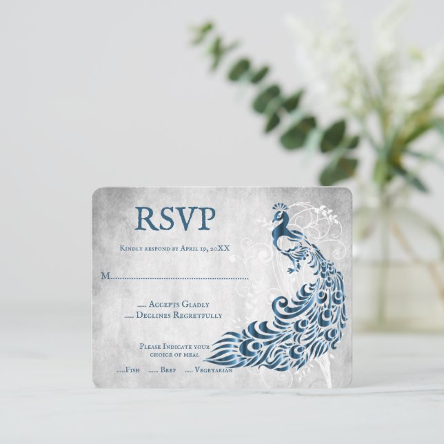 Tarjeta RSVP de Boda de Vino de Hojas Azules (Anverso de pie)