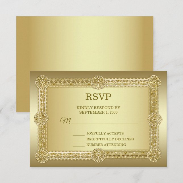 Tarjeta RSVP de Boda Decorativa de Oro (Anverso / Reverso)