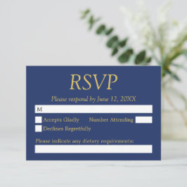 Tarjeta RSVP de Boda Dorada Azul de Marina Beige