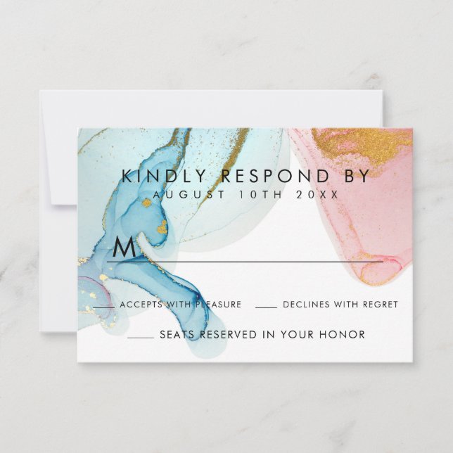 Tarjeta RSVP de Boda dorada color azul rosa (Anverso)