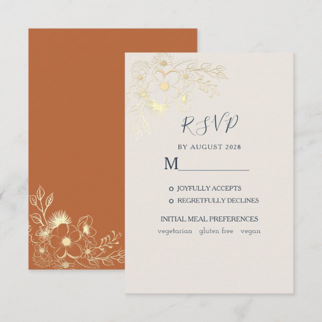 Tarjeta RSVP de Boda dorada dorada con flores dora (Anverso / Reverso)