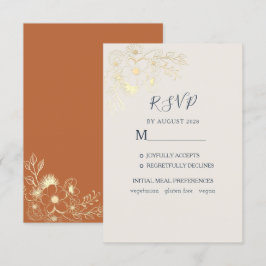 Tarjeta RSVP de Boda dorada dorada con flores dora