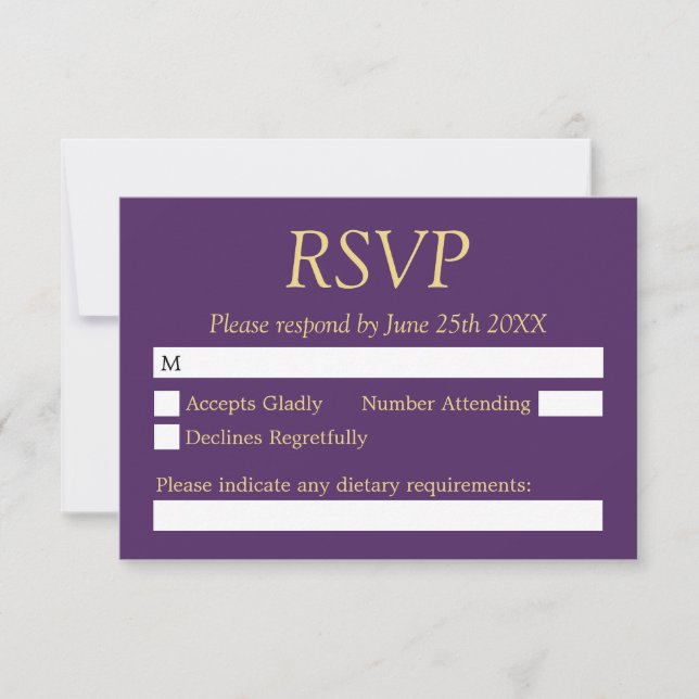 Tarjeta RSVP de Boda Dorada Morada Beige (Anverso)