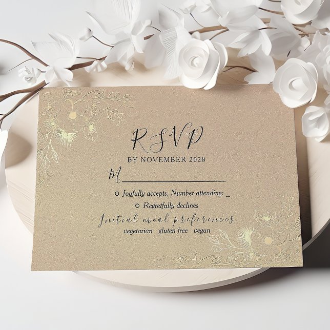 Tarjeta RSVP de Boda Elegante con Floral de Oro (Subido por el creador)