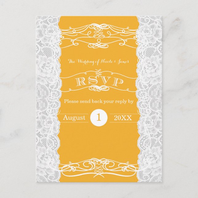 Tarjeta RSVP de Boda Elegante de encaje amarillo y (Anverso)