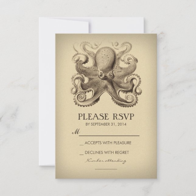 tarjeta RSVP de boda en la playa náutica con pulpo (Anverso)