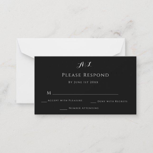 Tarjeta RSVP de Boda en Monograma Blanco y Negro (Anverso)